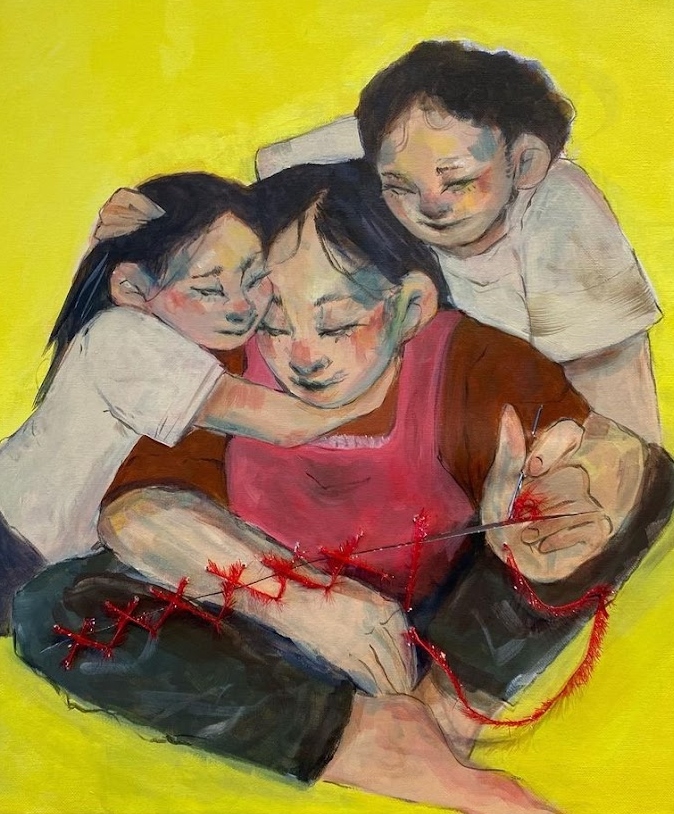 a student painting depicting a mother embracing her two children