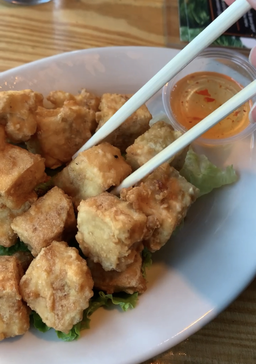 Crispy fried tofu on a dish